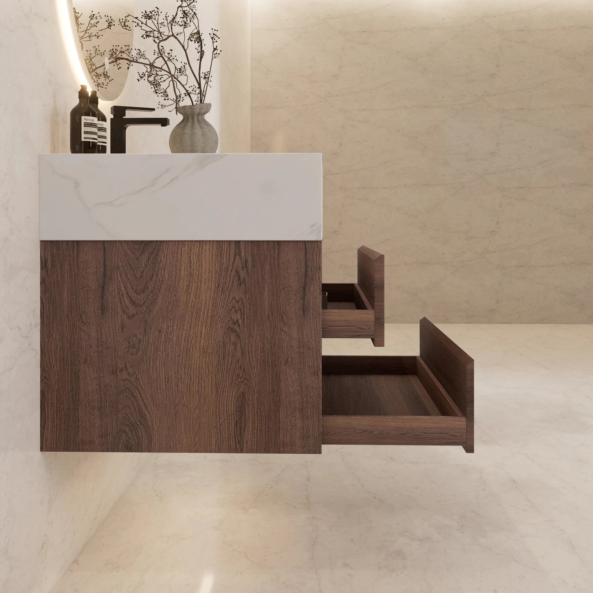 32" Walnut Double Drawer Floating Bathroom Vanity with Sintered Stone Top - VanityWhite Carrara