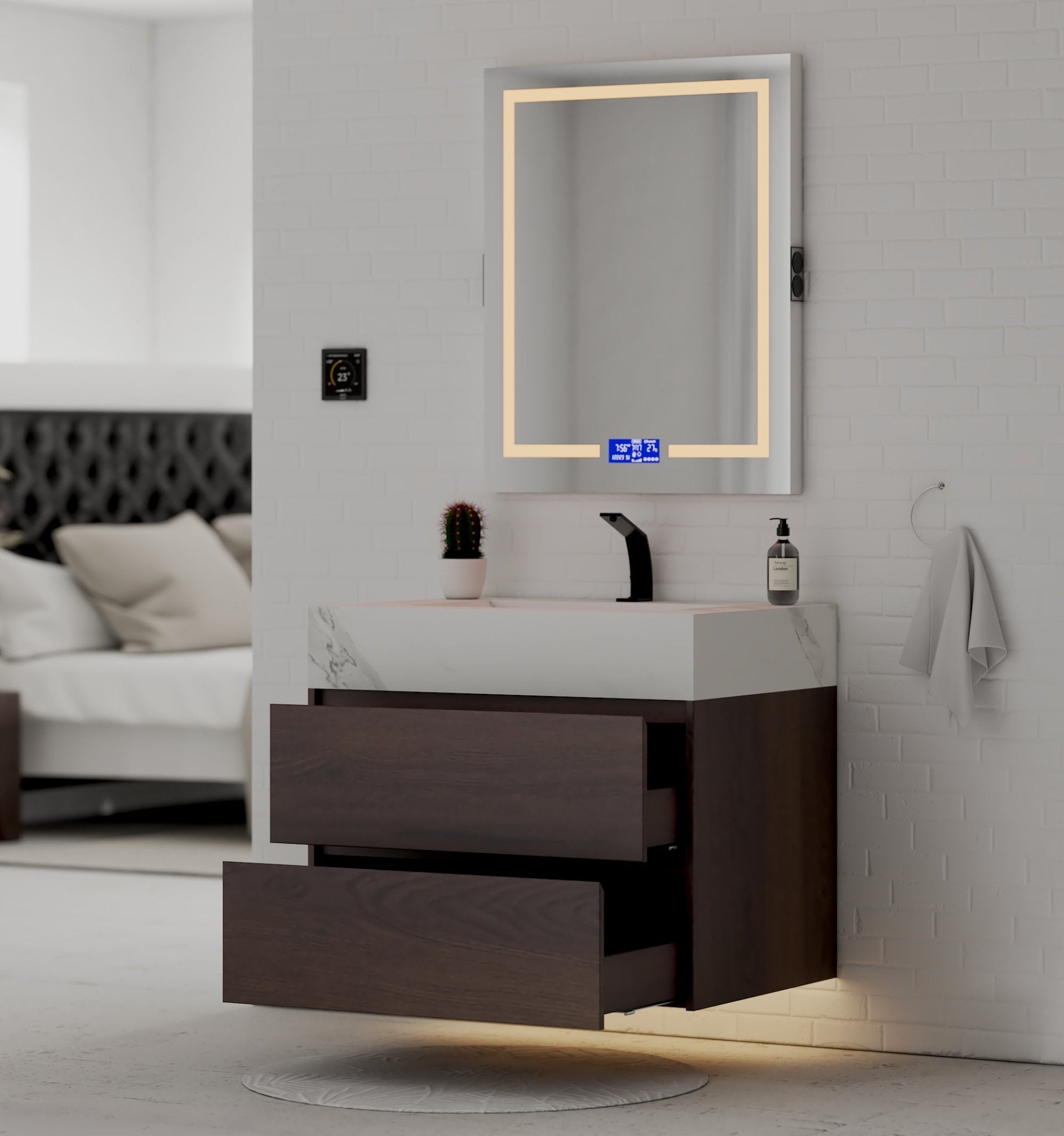 32" Walnut Double Drawer Floating Bathroom Vanity with Sintered Stone Top - VanityWhite Carrara