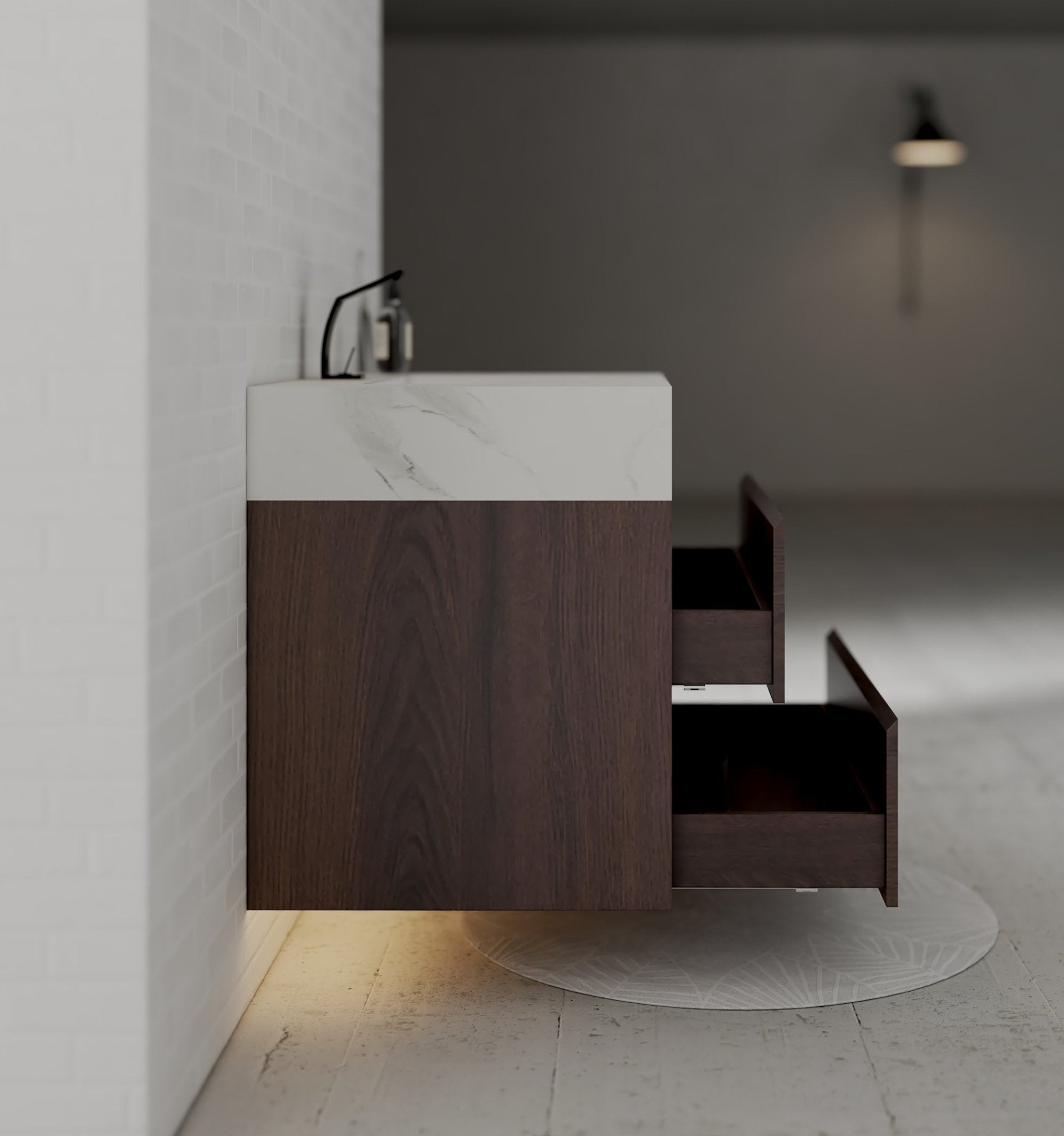 32" Walnut Double Drawer Floating Bathroom Vanity with Sintered Stone Top - VanityWhite Carrara