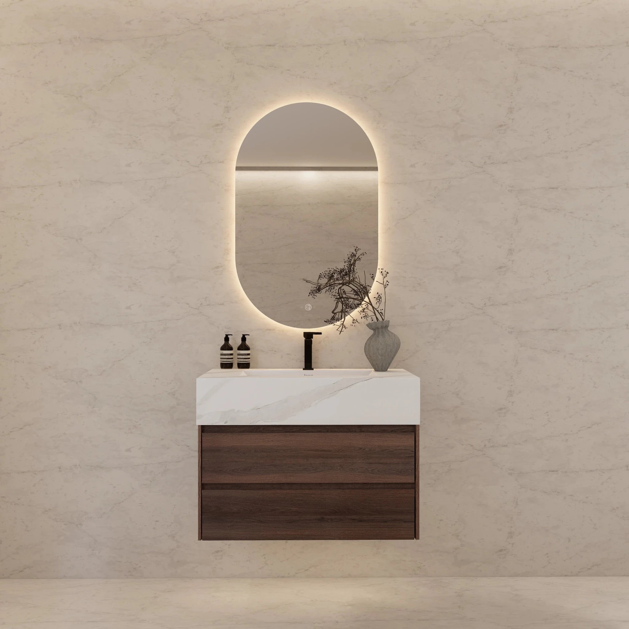 32" Walnut Double Drawer Floating Bathroom Vanity with Sintered Stone Top - VanityWhite Carrara