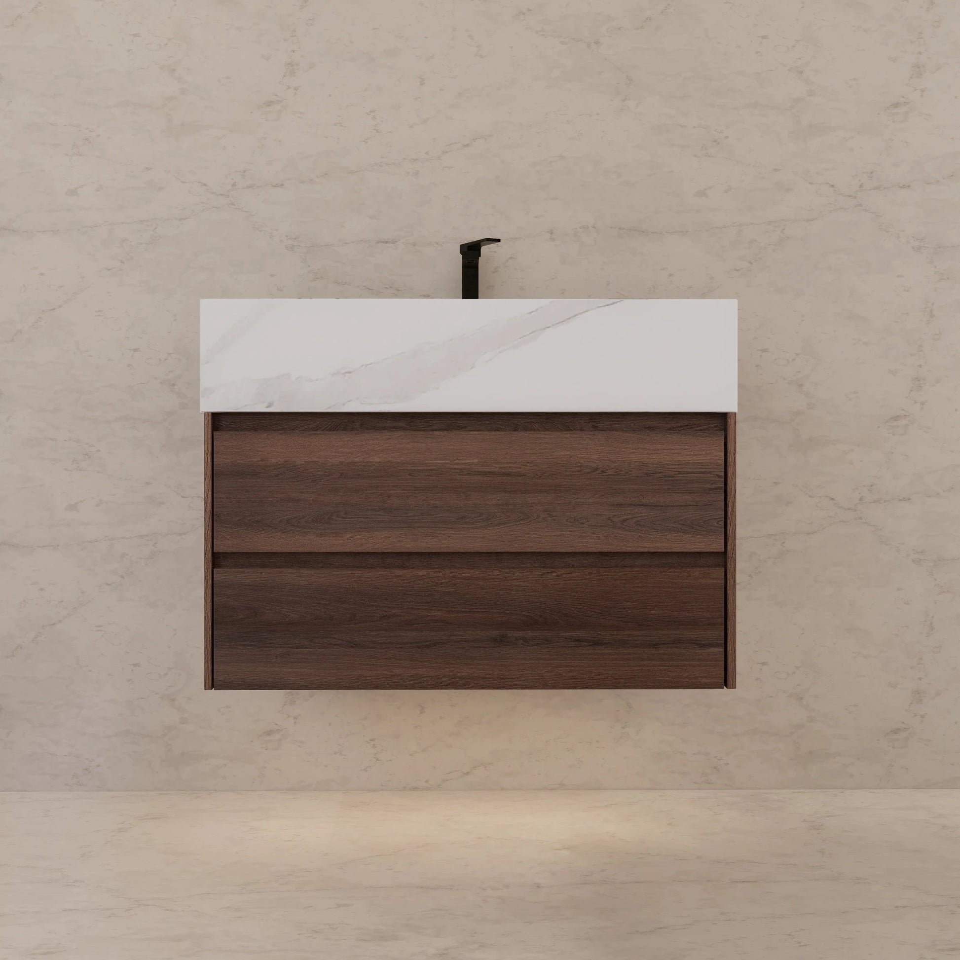 32" Walnut Double Drawer Floating Bathroom Vanity with Sintered Stone Top - VanityWhite Carrara