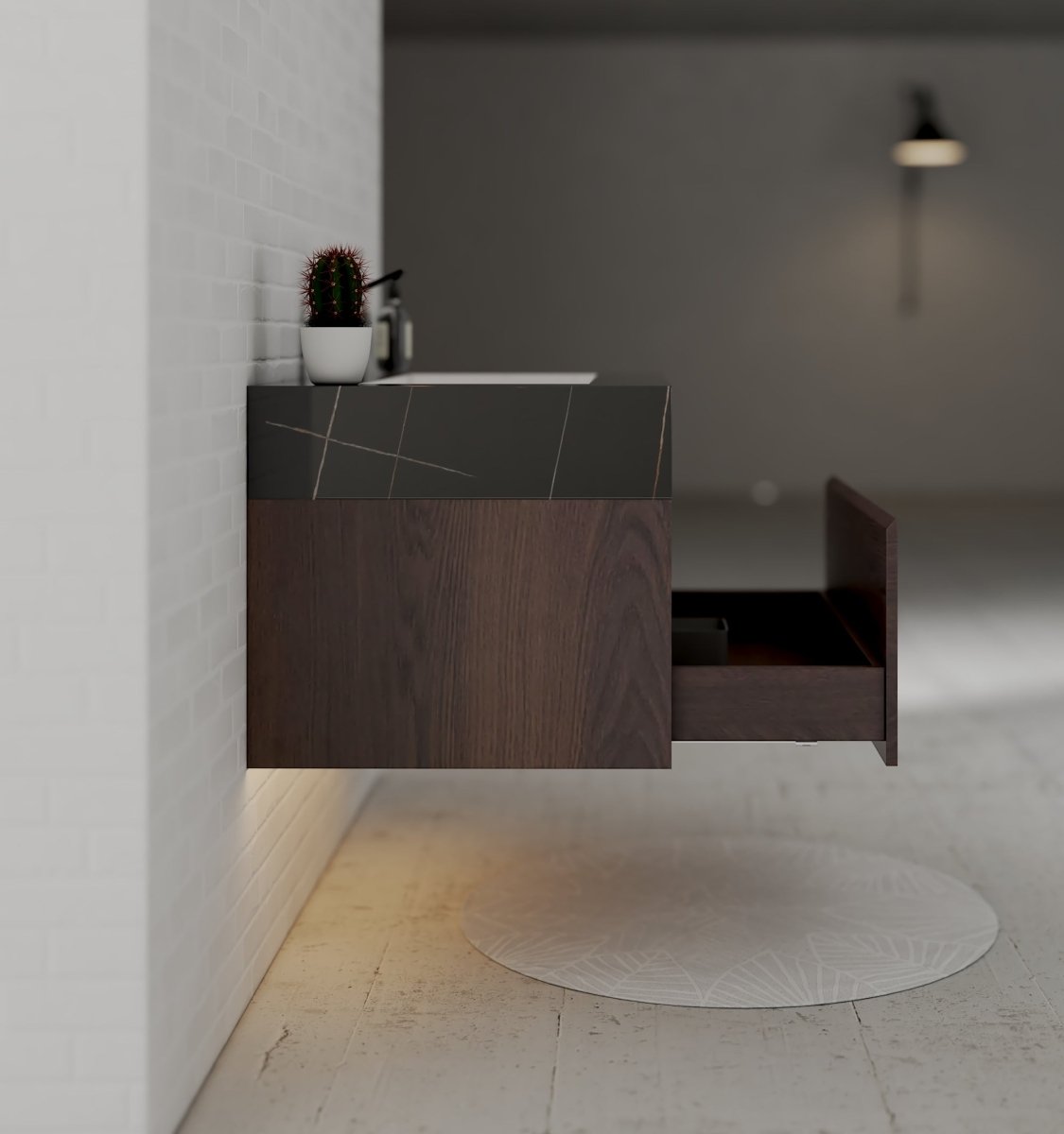 32" Walnut Single Sink Floating Bathroom Vanity with Sintered Stone Top - VanityBlack Marquina Gold Veins NeoNova Decor