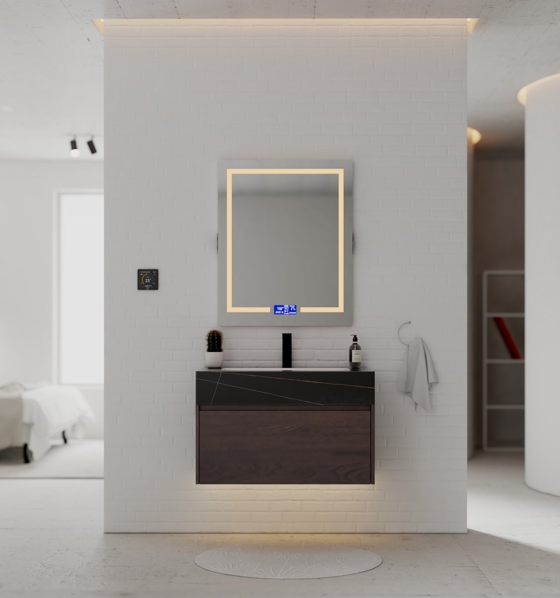 32" Walnut Single Sink Floating Bathroom Vanity with Sintered Stone Top - VanityBlack Marquina Gold Veins NeoNova Decor