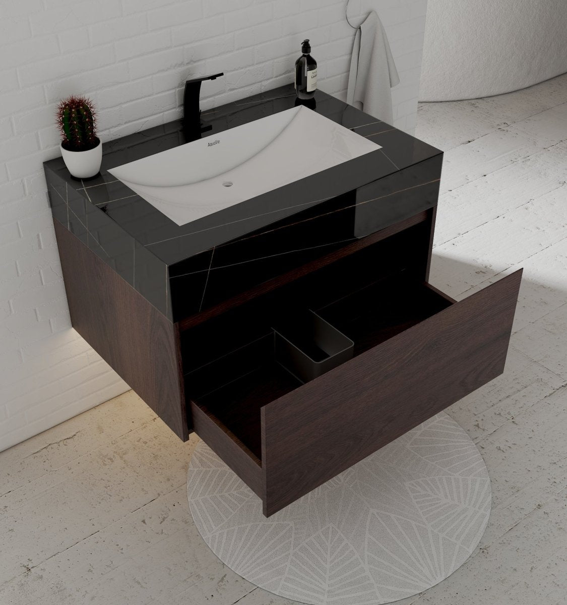 32" Walnut Single Sink Floating Bathroom Vanity with Sintered Stone Top - VanityBlack Marquina Gold Veins NeoNova Decor