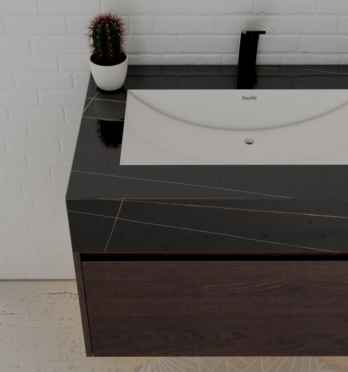 32" Walnut Single Sink Floating Bathroom Vanity with Sintered Stone Top - VanityBlack Marquina Gold Veins NeoNova Decor