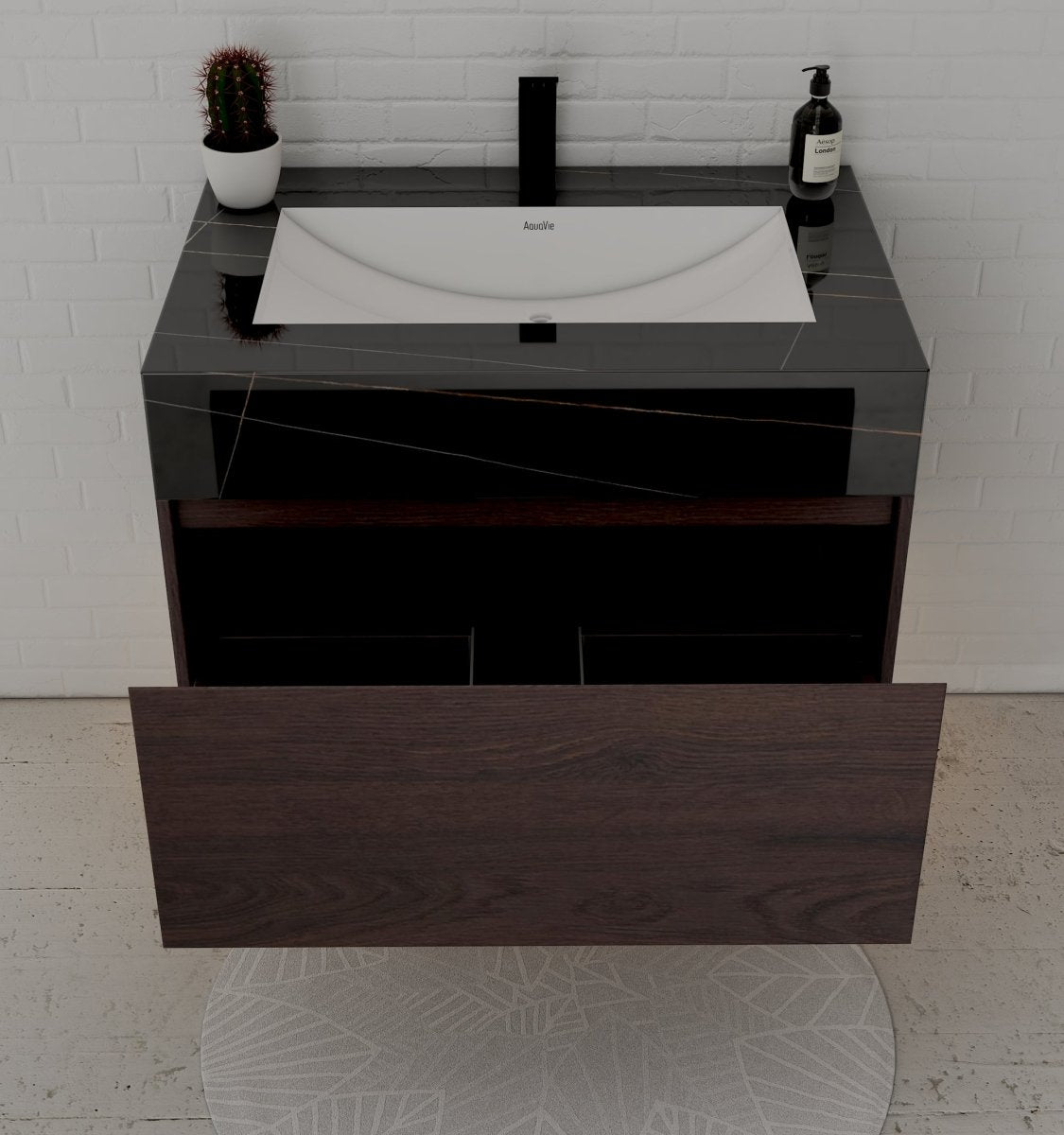 32" Walnut Single Sink Floating Bathroom Vanity with Sintered Stone Top - VanityBlack Marquina Gold Veins NeoNova Decor