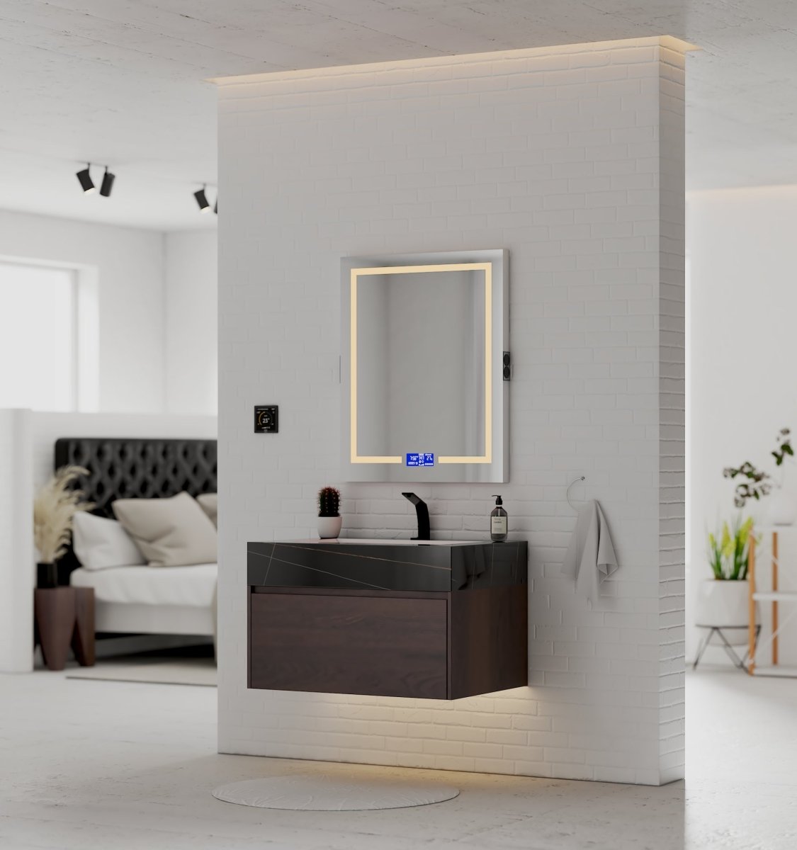 32" Walnut Single Sink Floating Bathroom Vanity with Sintered Stone Top - VanityBlack Marquina Gold Veins NeoNova Decor