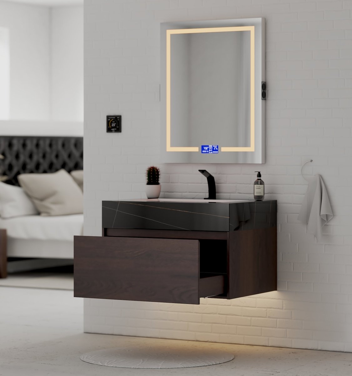 32" Walnut Single Sink Floating Bathroom Vanity with Sintered Stone Top - VanityBlack Marquina Gold Veins NeoNova Decor