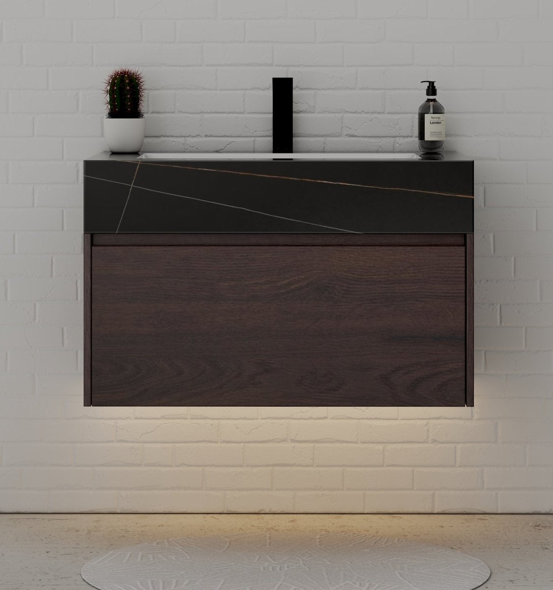 32" Walnut Single Sink Floating Bathroom Vanity with Sintered Stone Top - VanityBlack Marquina Gold Veins NeoNova Decor