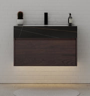 32" Walnut Single Sink Floating Bathroom Vanity with Sintered Stone Top - VanityBlack Marquina Gold Veins NeoNova Decor