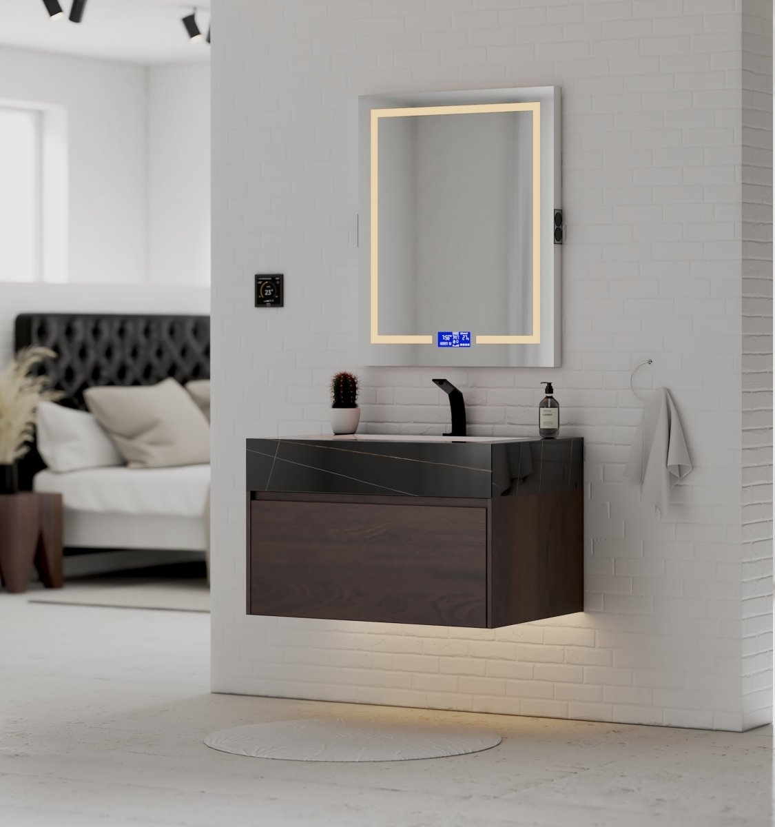 32" Walnut Single Sink Floating Bathroom Vanity with Sintered Stone Top - VanityBlack Marquina Gold Veins NeoNova Decor