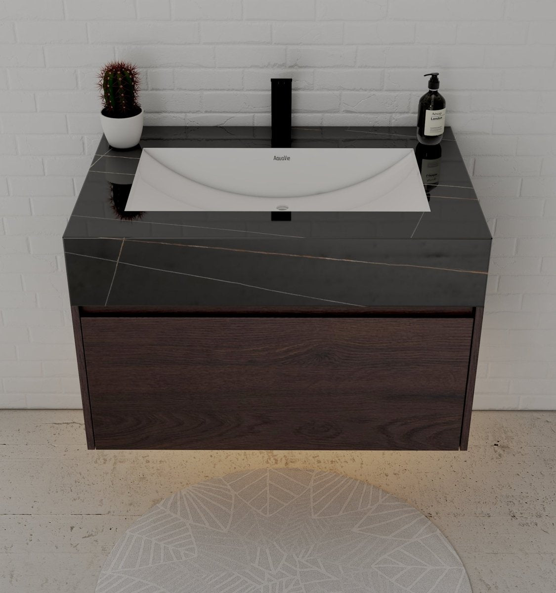 32" Walnut Single Sink Floating Bathroom Vanity with Sintered Stone Top - VanityBlack Marquina Gold Veins NeoNova Decor