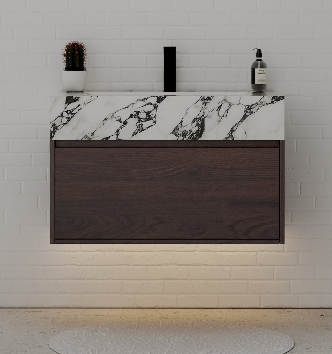 32" Walnut Single Sink Floating Bathroom Vanity with Sintered Stone Top - VanityCalacatta Black NeoNova Decor