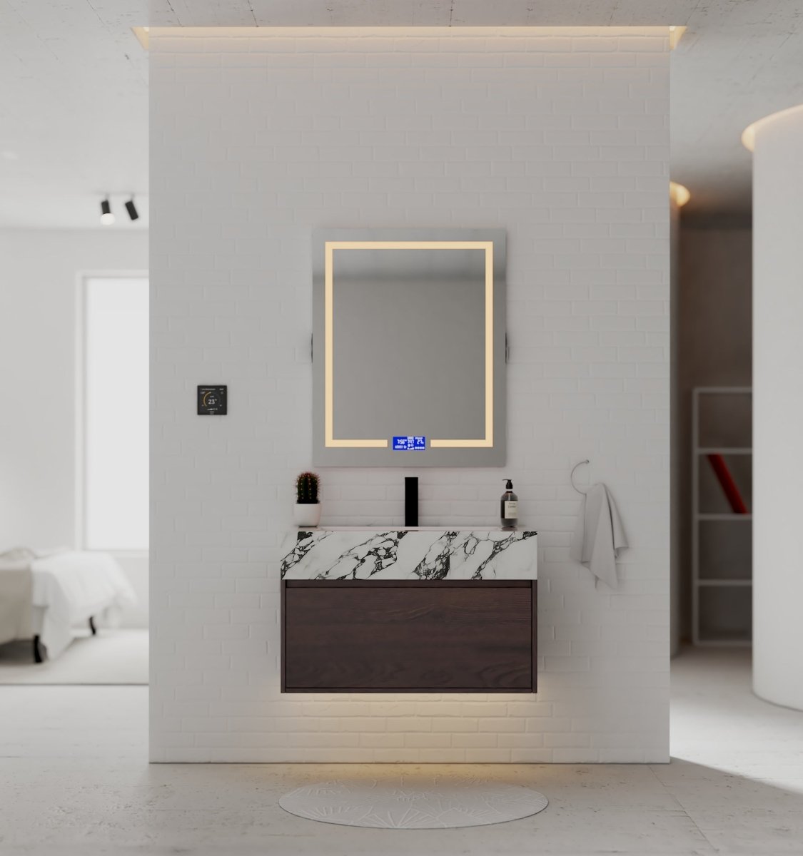 32" Walnut Single Sink Floating Bathroom Vanity with Sintered Stone Top - VanityCalacatta Black NeoNova Decor