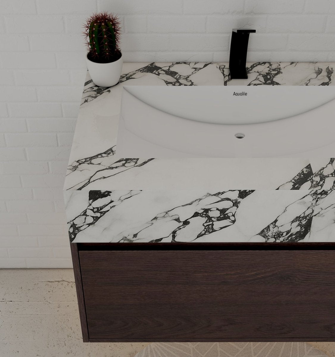 32" Walnut Single Sink Floating Bathroom Vanity with Sintered Stone Top - VanityCalacatta Black NeoNova Decor