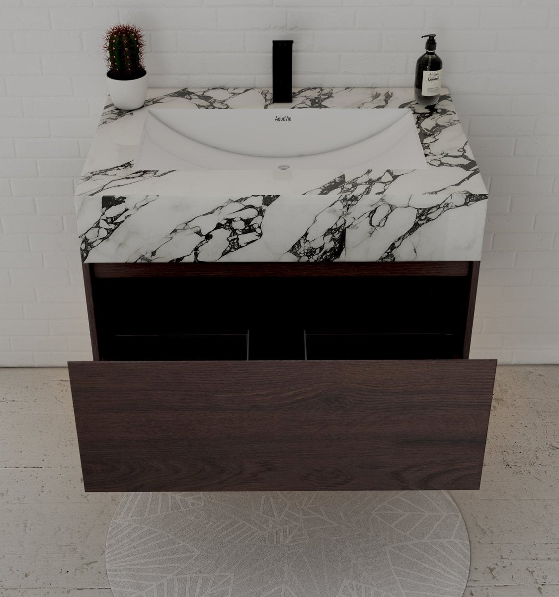 32" Walnut Single Sink Floating Bathroom Vanity with Sintered Stone Top - VanityCalacatta Black NeoNova Decor