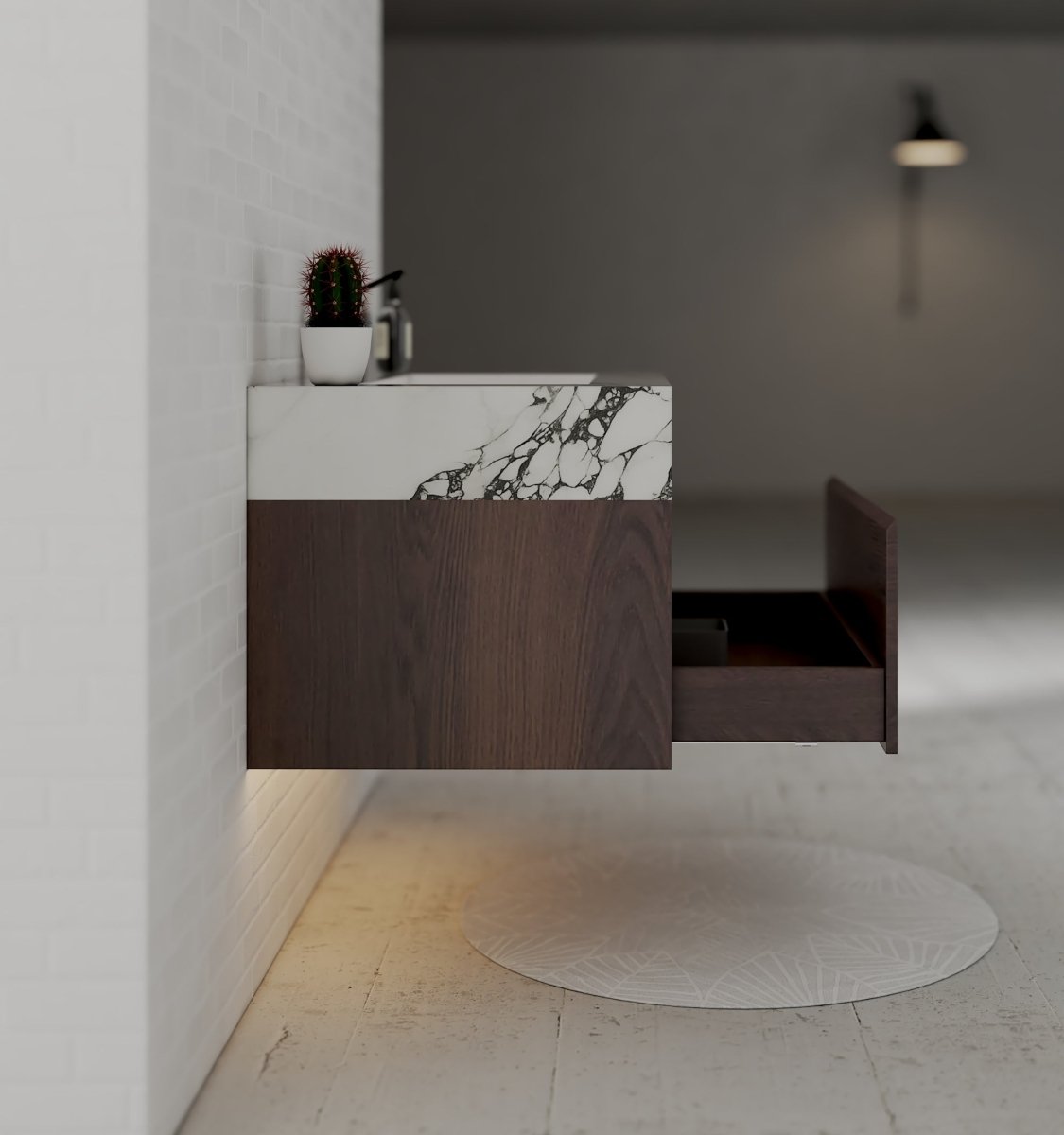 32" Walnut Single Sink Floating Bathroom Vanity with Sintered Stone Top - VanityCalacatta Black NeoNova Decor