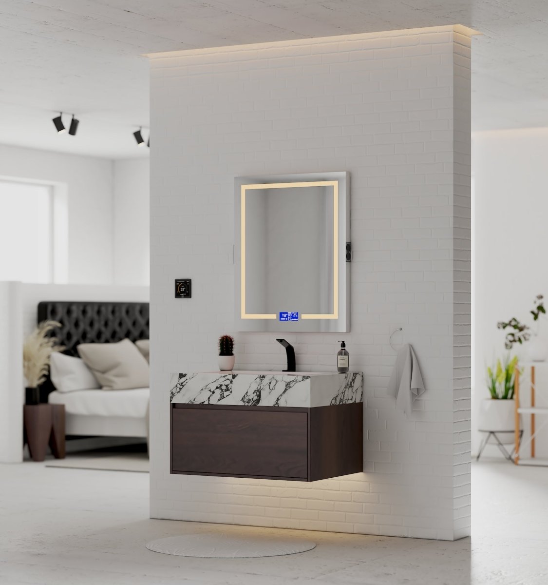 32" Walnut Single Sink Floating Bathroom Vanity with Sintered Stone Top - VanityCalacatta Black NeoNova Decor