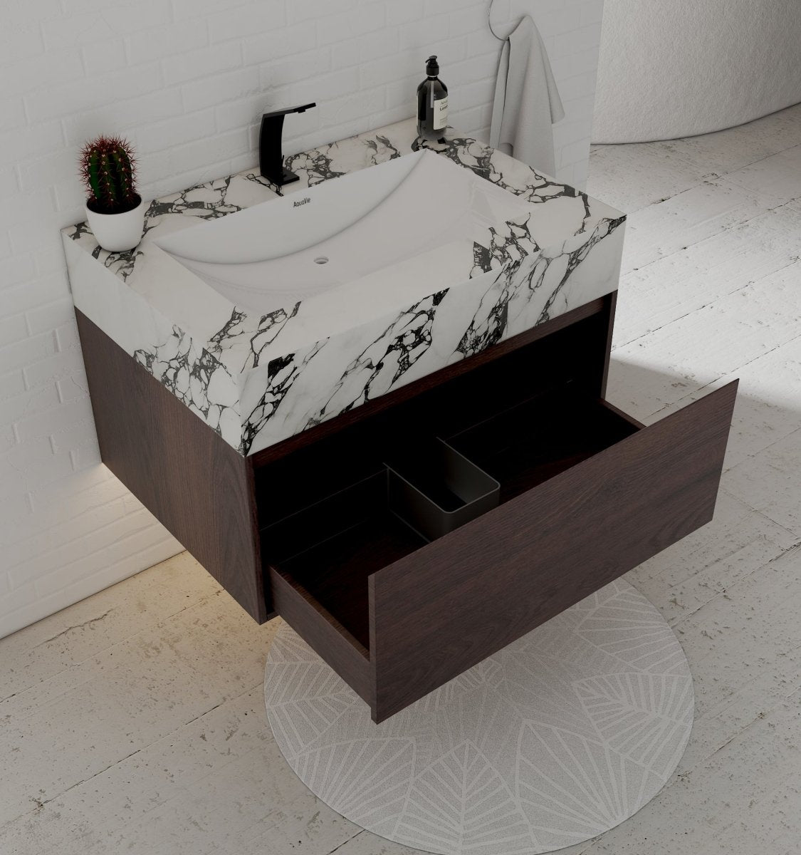 32" Walnut Single Sink Floating Bathroom Vanity with Sintered Stone Top - VanityCalacatta Black NeoNova Decor