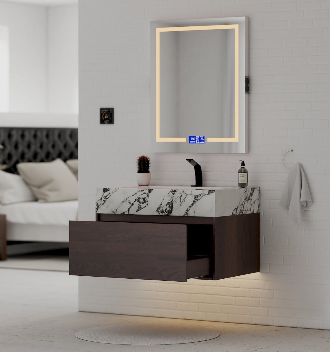 32" Walnut Single Sink Floating Bathroom Vanity with Sintered Stone Top - VanityCalacatta Black NeoNova Decor