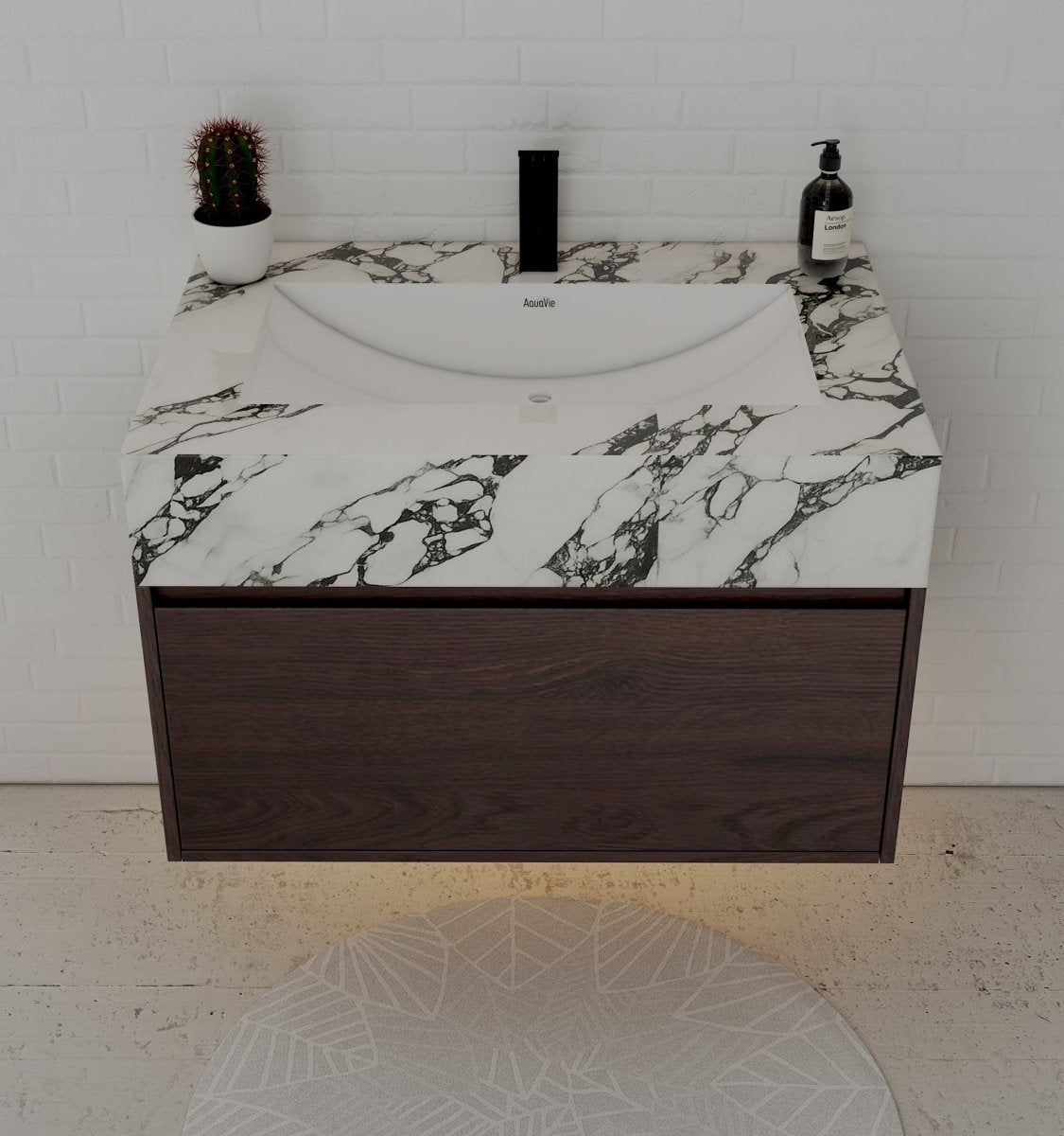32" Walnut Single Sink Floating Bathroom Vanity with Sintered Stone Top - VanityCalacatta Black NeoNova Decor