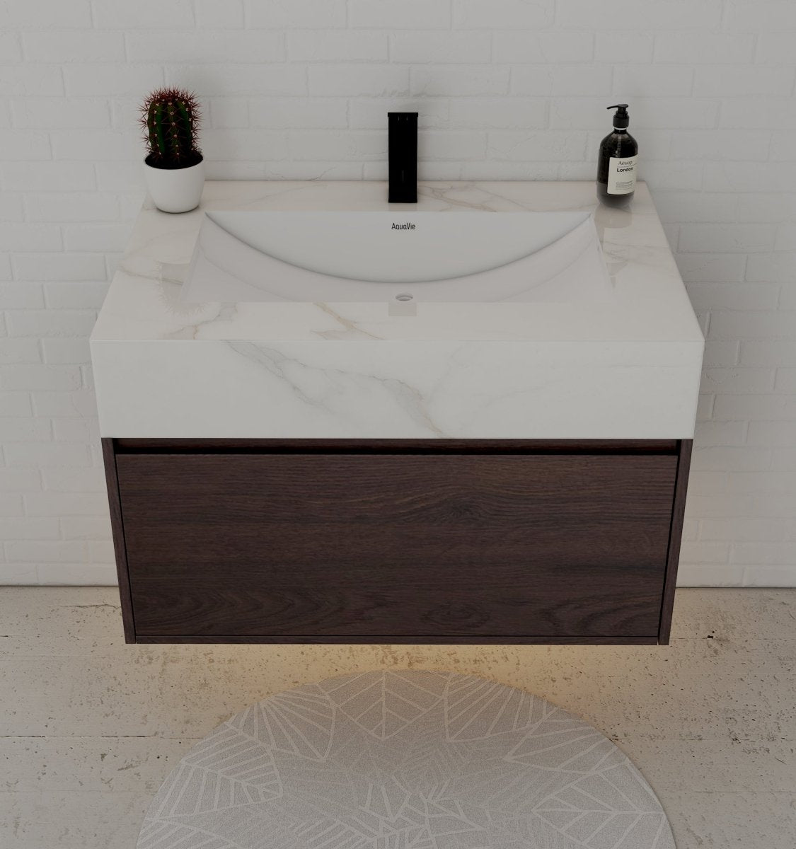 32" Walnut Single Sink Floating Bathroom Vanity with Sintered Stone Top - VanityCalacatta Gold NeoNova Decor