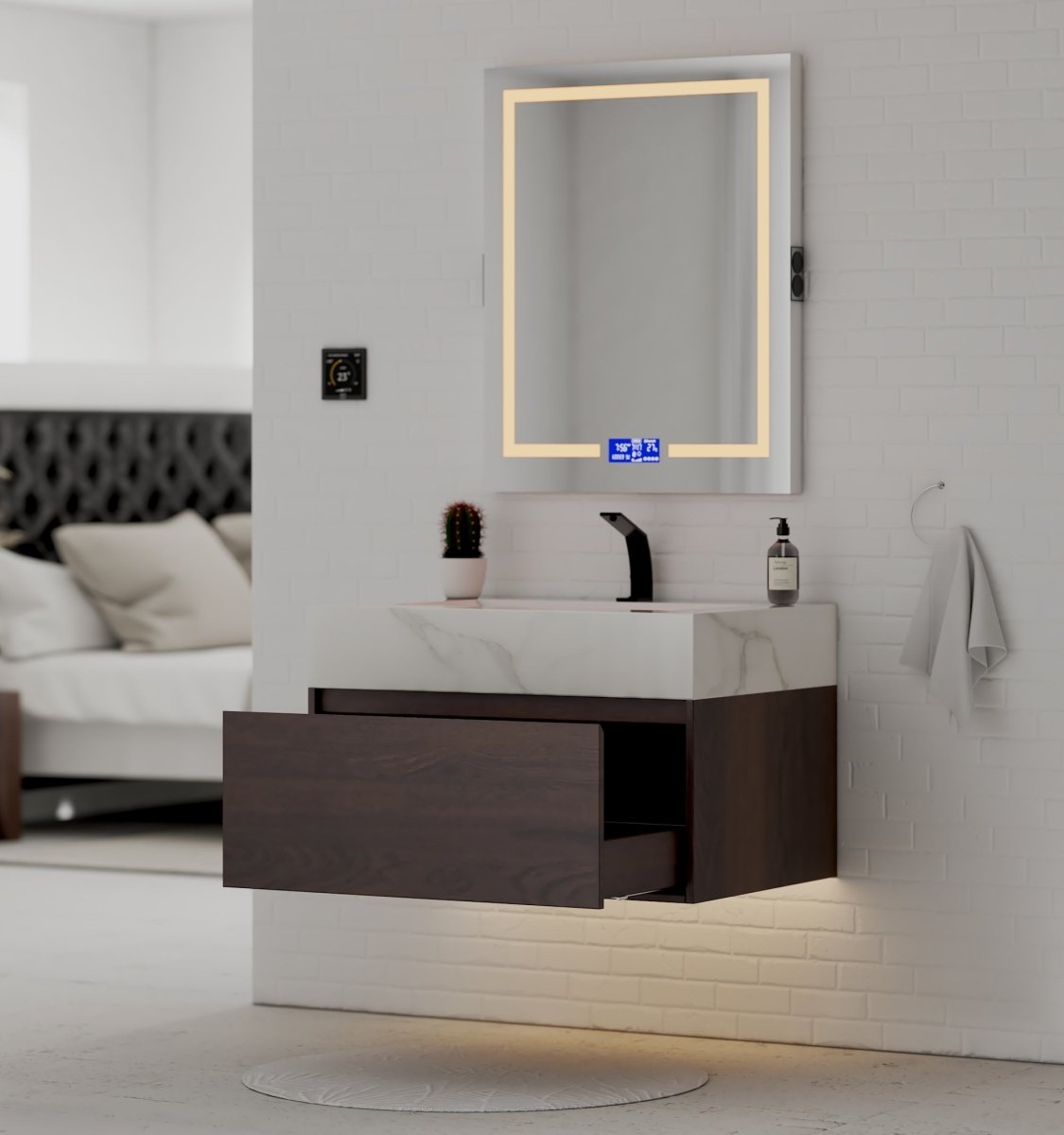 32" Walnut Single Sink Floating Bathroom Vanity with Sintered Stone Top - VanityCalacatta Gold NeoNova Decor