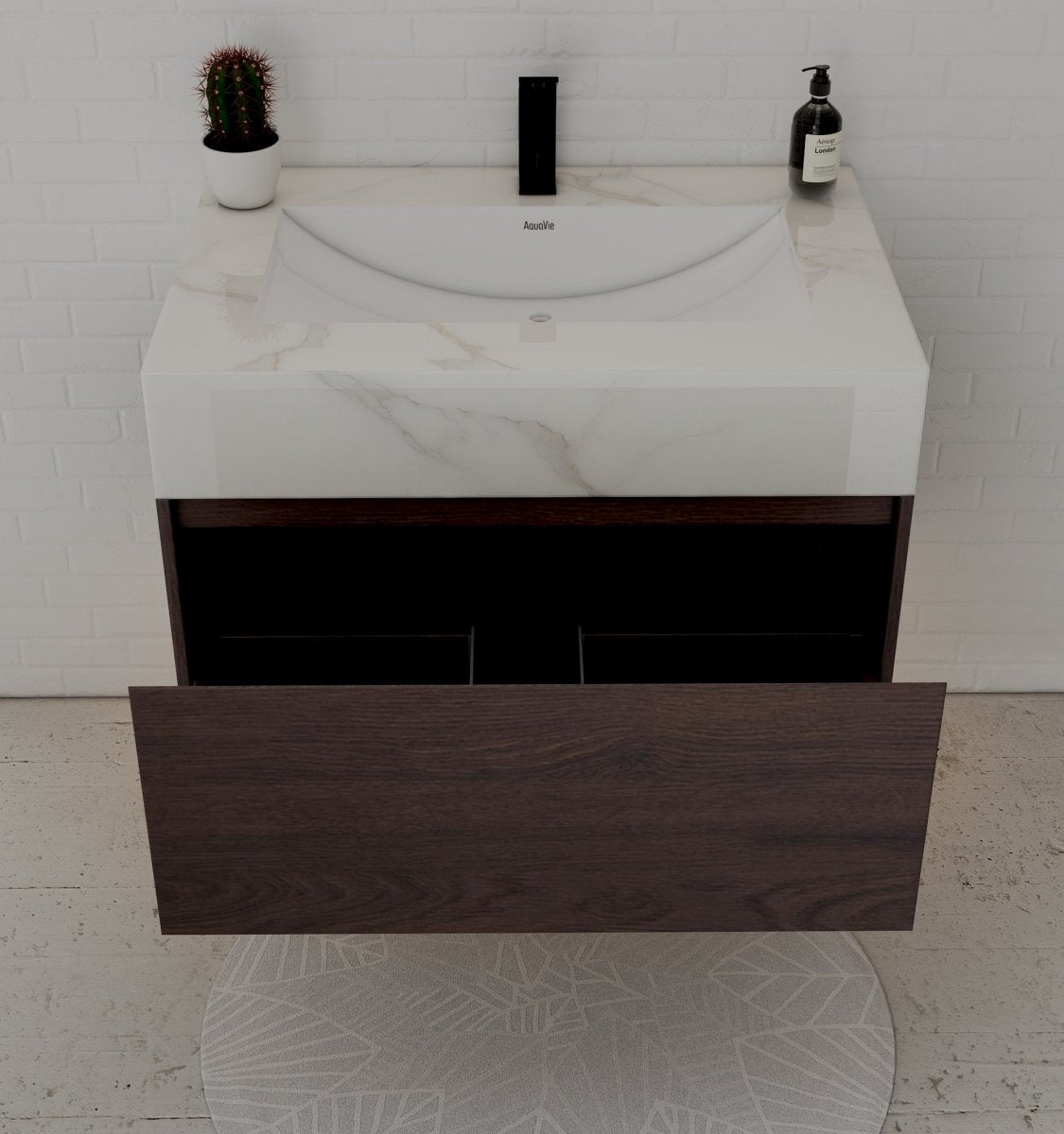 32" Walnut Single Sink Floating Bathroom Vanity with Sintered Stone Top - VanityCalacatta Gold NeoNova Decor