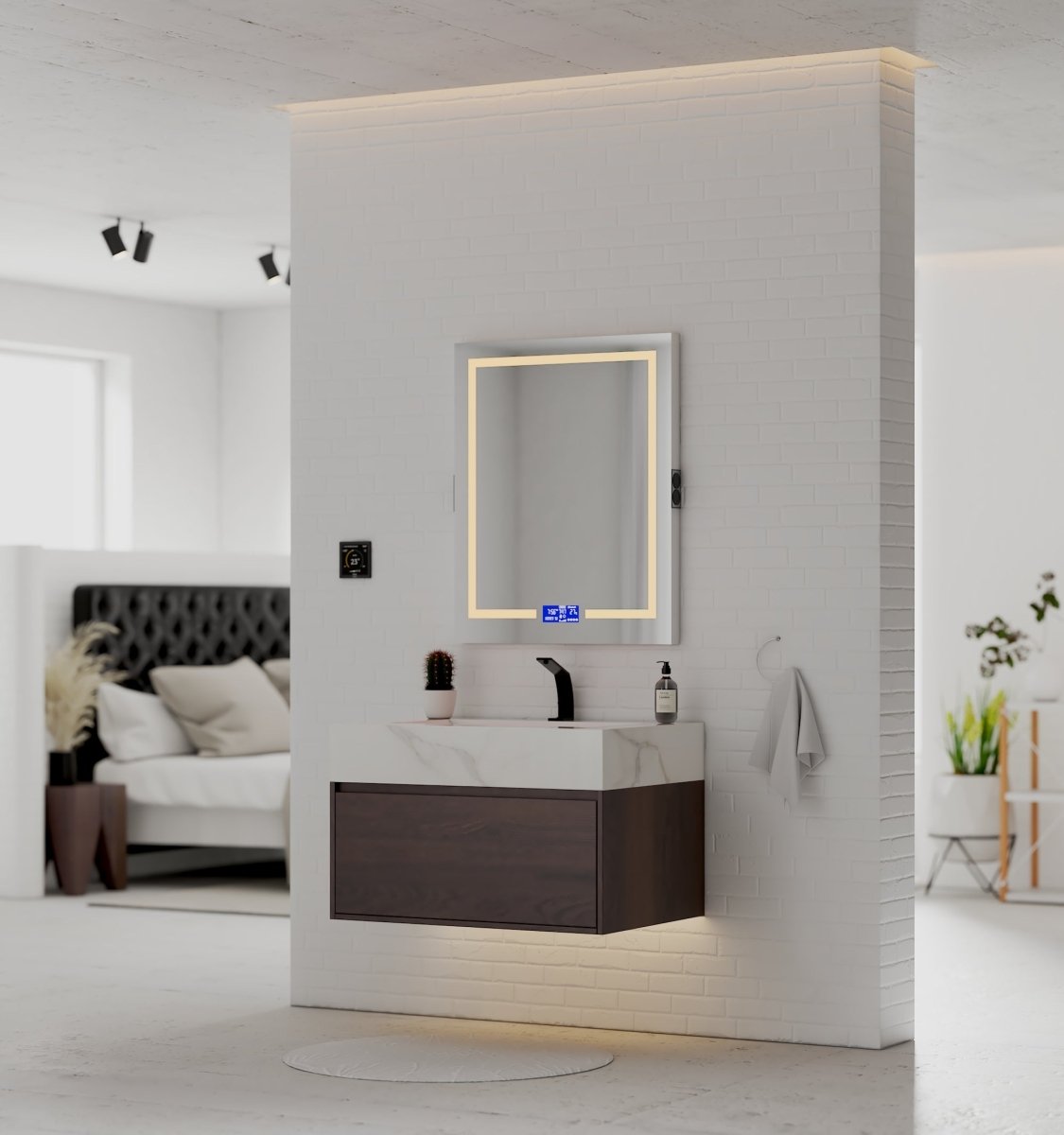 32" Walnut Single Sink Floating Bathroom Vanity with Sintered Stone Top - VanityCalacatta Gold NeoNova Decor