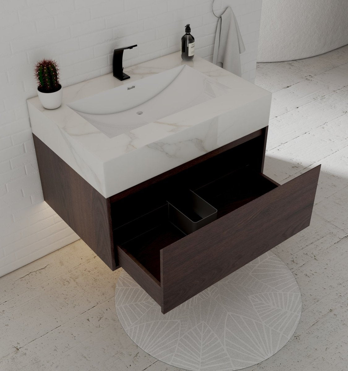 32" Walnut Single Sink Floating Bathroom Vanity with Sintered Stone Top - VanityCalacatta Gold NeoNova Decor