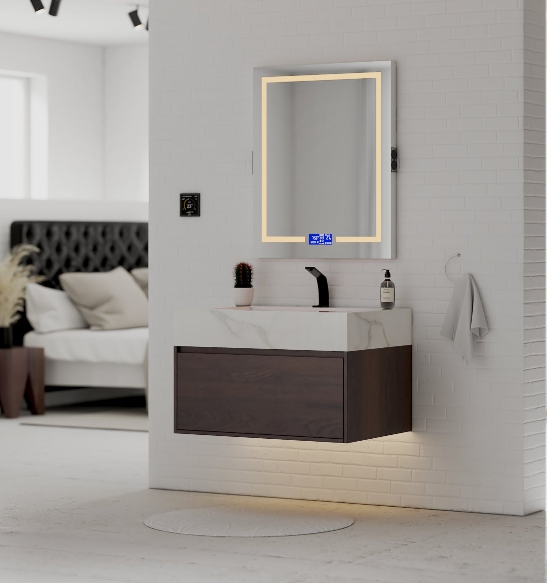 32" Walnut Single Sink Floating Bathroom Vanity with Sintered Stone Top - VanityCalacatta Gold NeoNova Decor