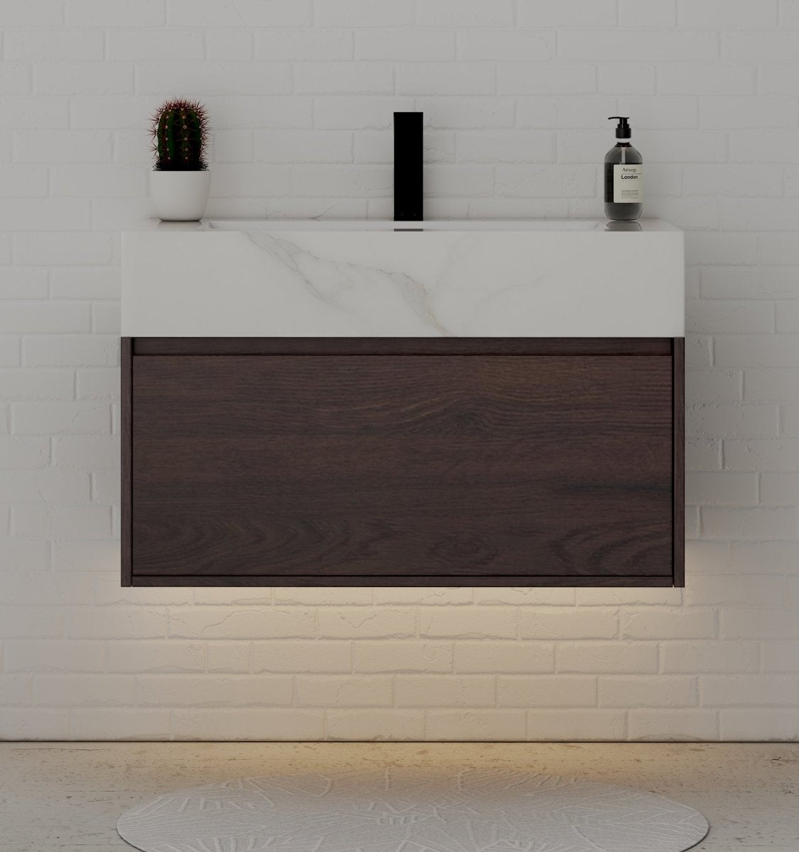 32" Walnut Single Sink Floating Bathroom Vanity with Sintered Stone Top - VanityCalacatta Gold NeoNova Decor