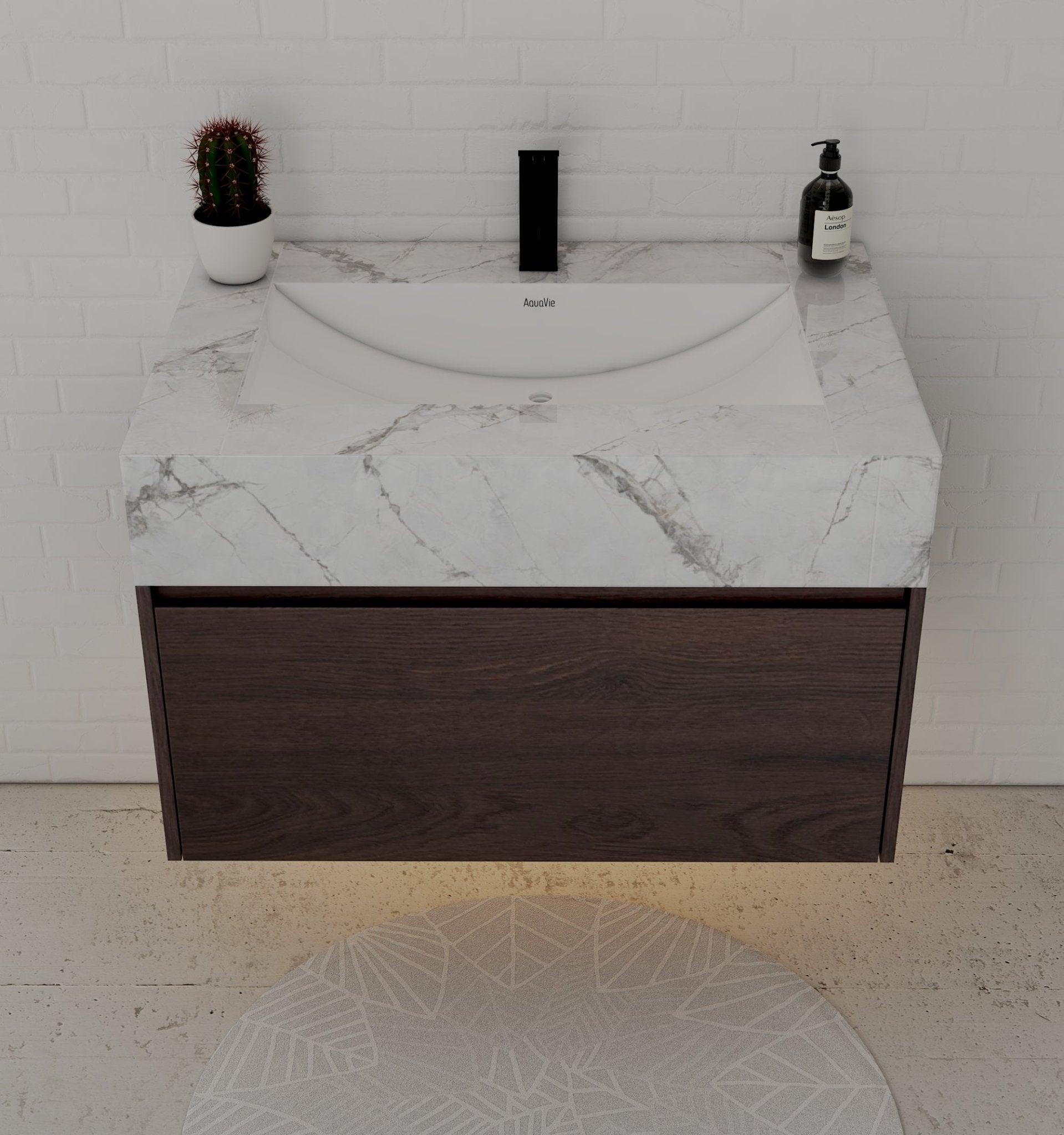 32" Walnut Single Sink Floating Bathroom Vanity with Sintered Stone Top - VanityIce Grey