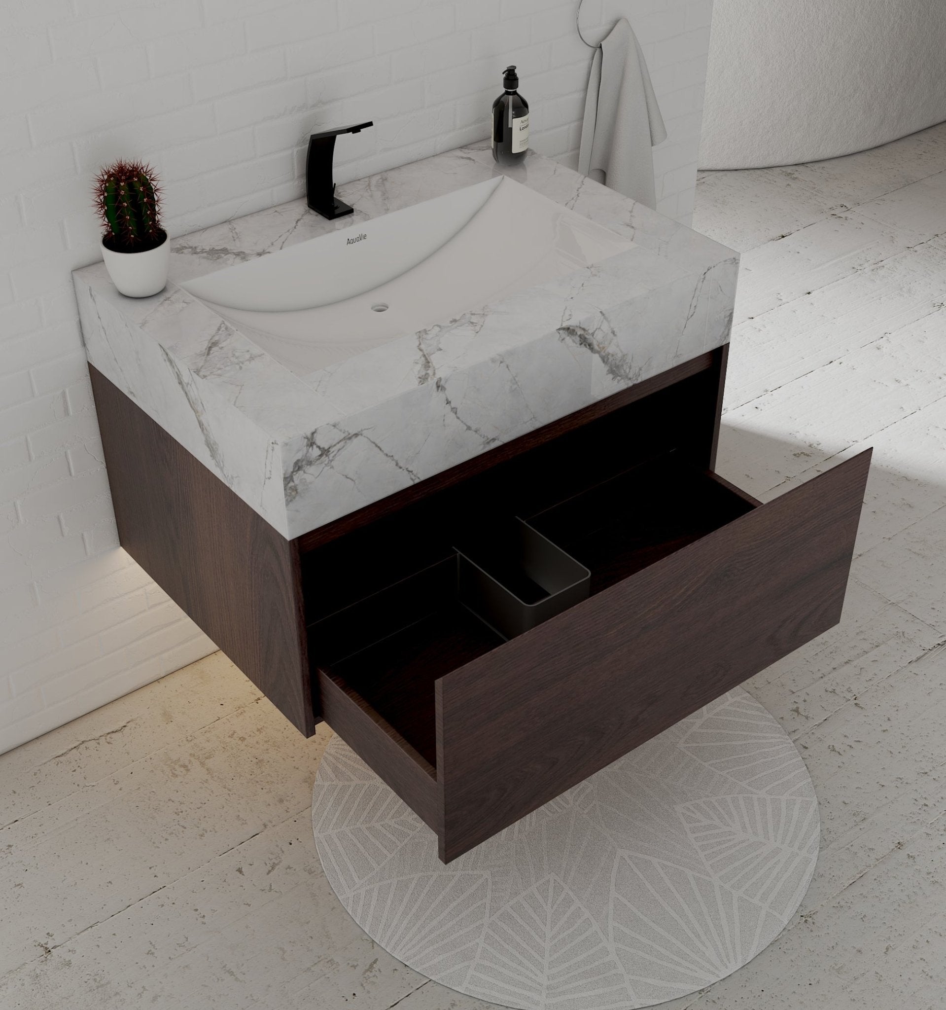 32" Walnut Single Sink Floating Bathroom Vanity with Sintered Stone Top - VanityIce Grey
