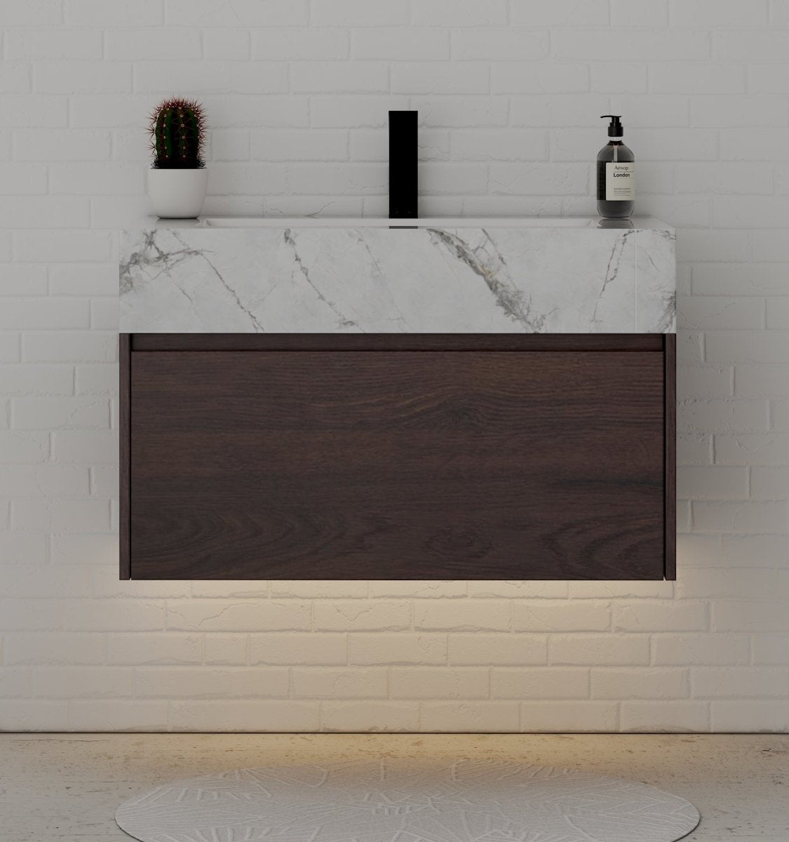 32" Walnut Single Sink Floating Bathroom Vanity with Sintered Stone Top - VanityIce Grey NeoNova Decor