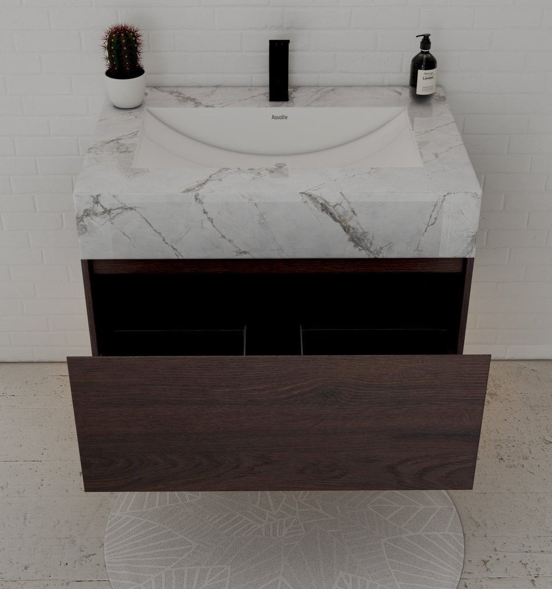 32" Walnut Single Sink Floating Bathroom Vanity with Sintered Stone Top - VanityIce Grey NeoNova Decor