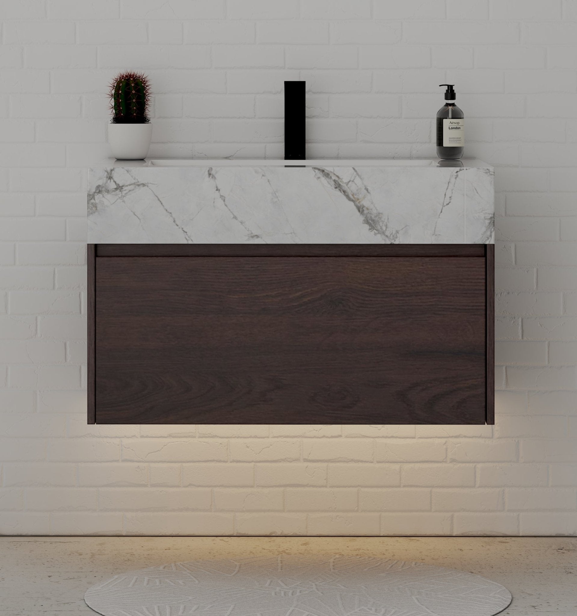 32" Walnut Single Sink Floating Bathroom Vanity with Sintered Stone Top - VanityIce Grey