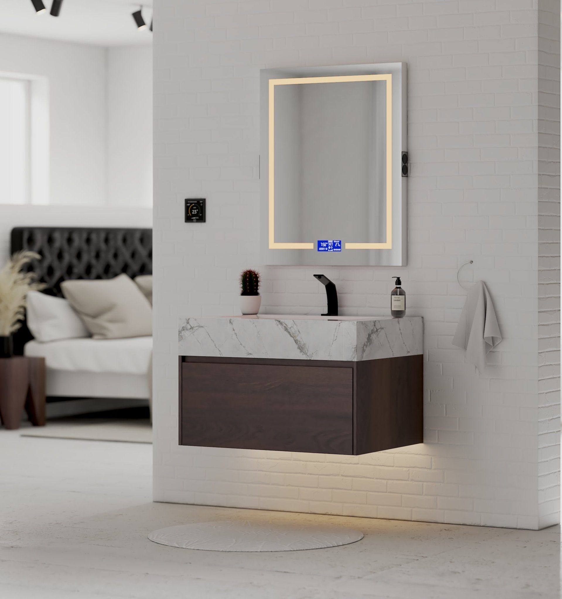 32" Walnut Single Sink Floating Bathroom Vanity with Sintered Stone Top - VanityIce Grey