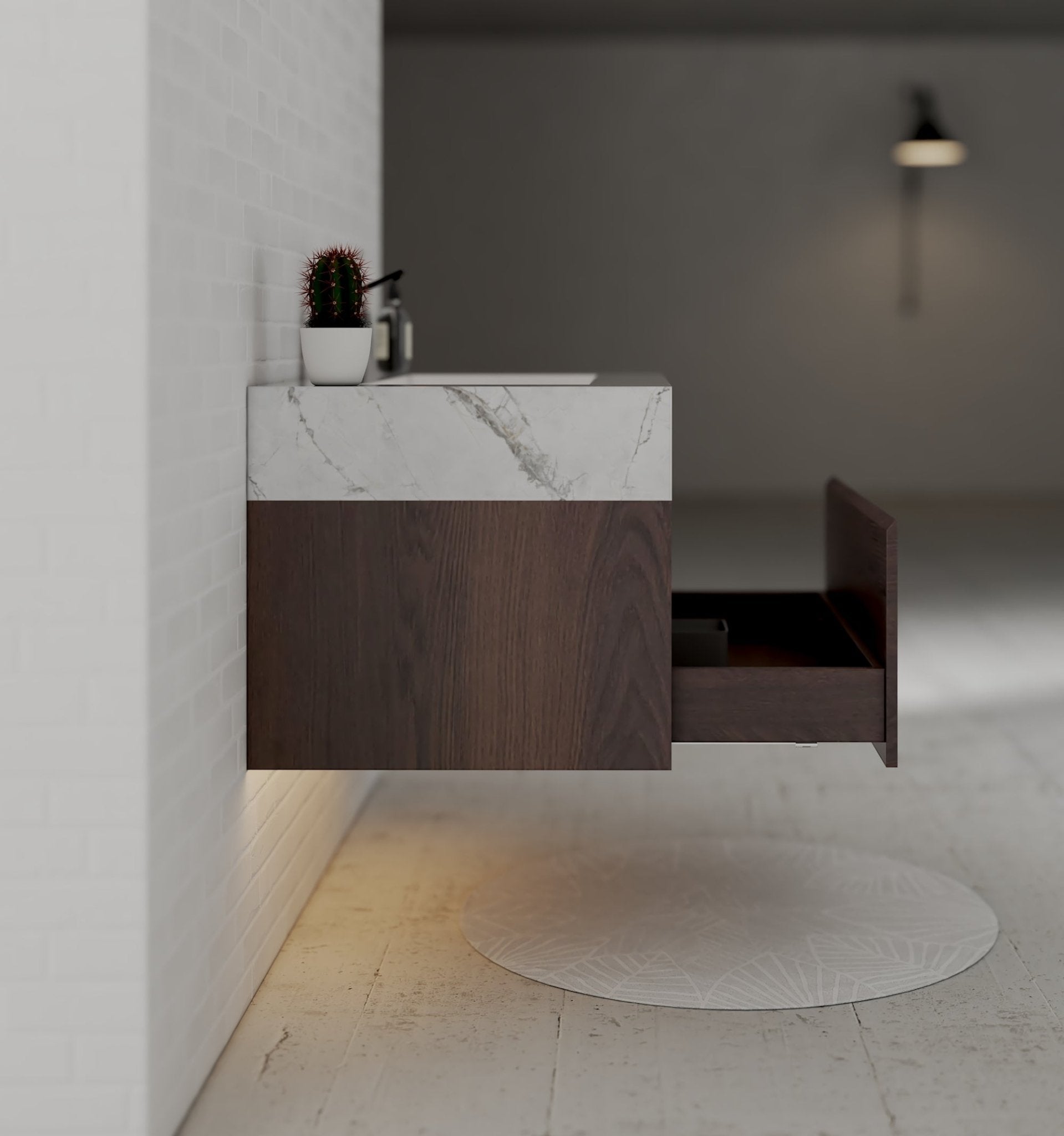 32" Walnut Single Sink Floating Bathroom Vanity with Sintered Stone Top - VanityIce Grey