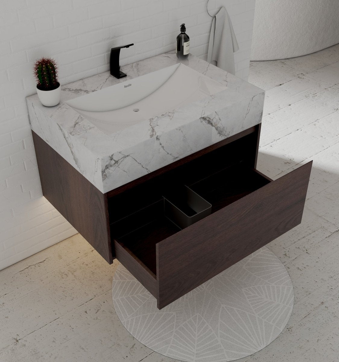 32" Walnut Single Sink Floating Bathroom Vanity with Sintered Stone Top - VanityIce Grey NeoNova Decor