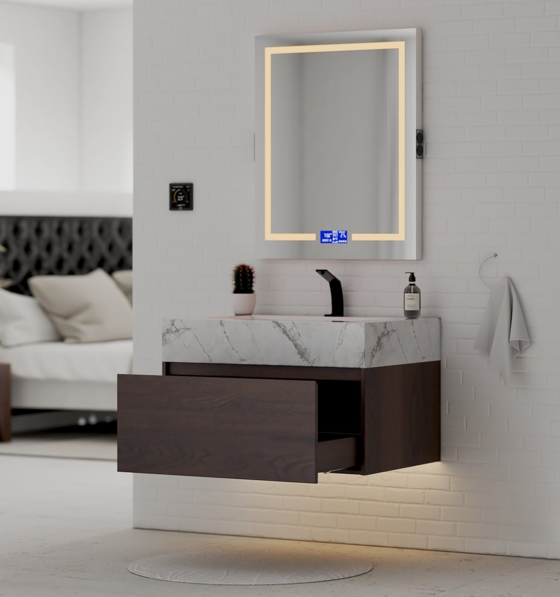 32" Walnut Single Sink Floating Bathroom Vanity with Sintered Stone Top - VanityIce Grey NeoNova Decor