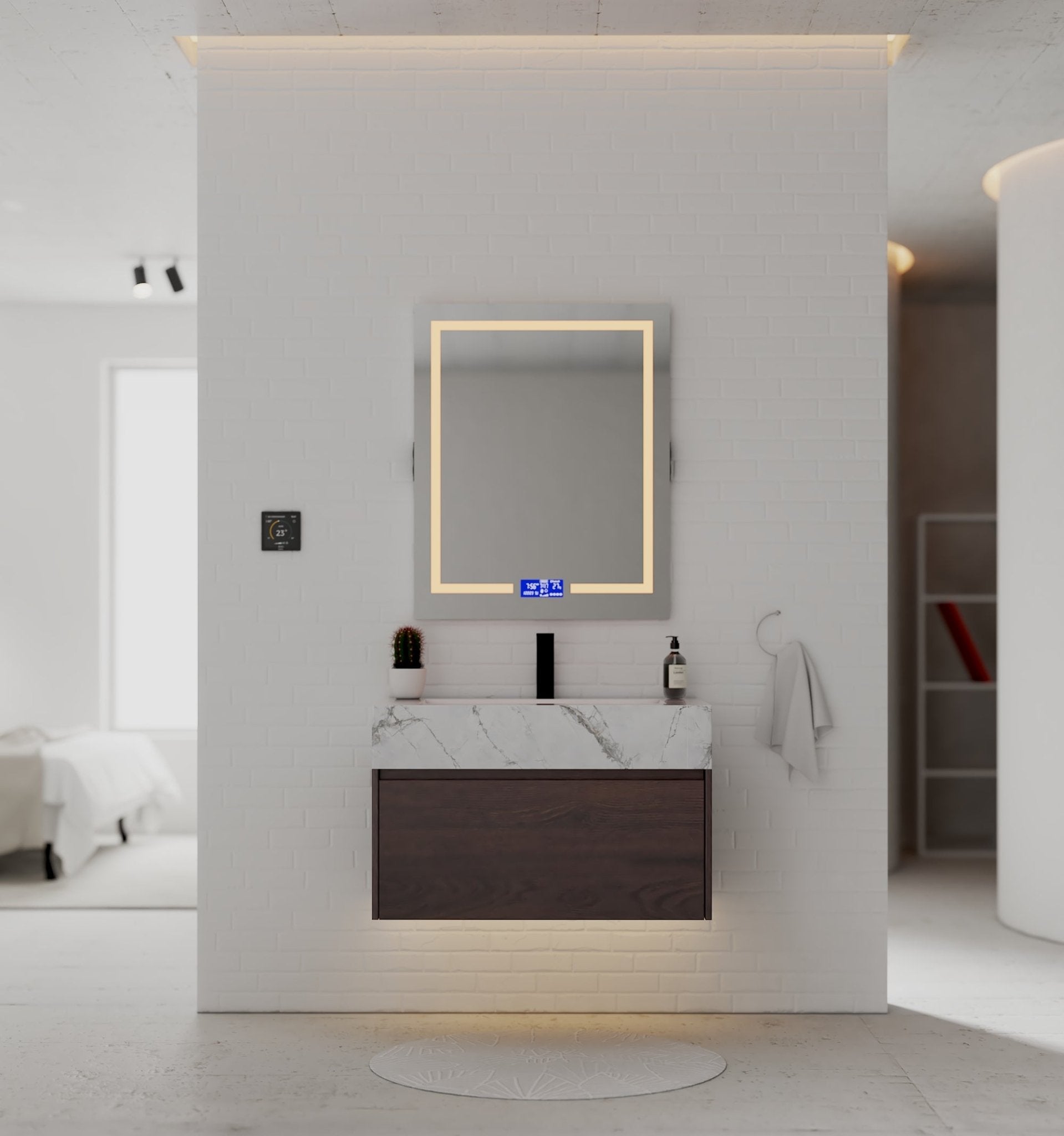 32" Walnut Single Sink Floating Bathroom Vanity with Sintered Stone Top - VanityIce Grey