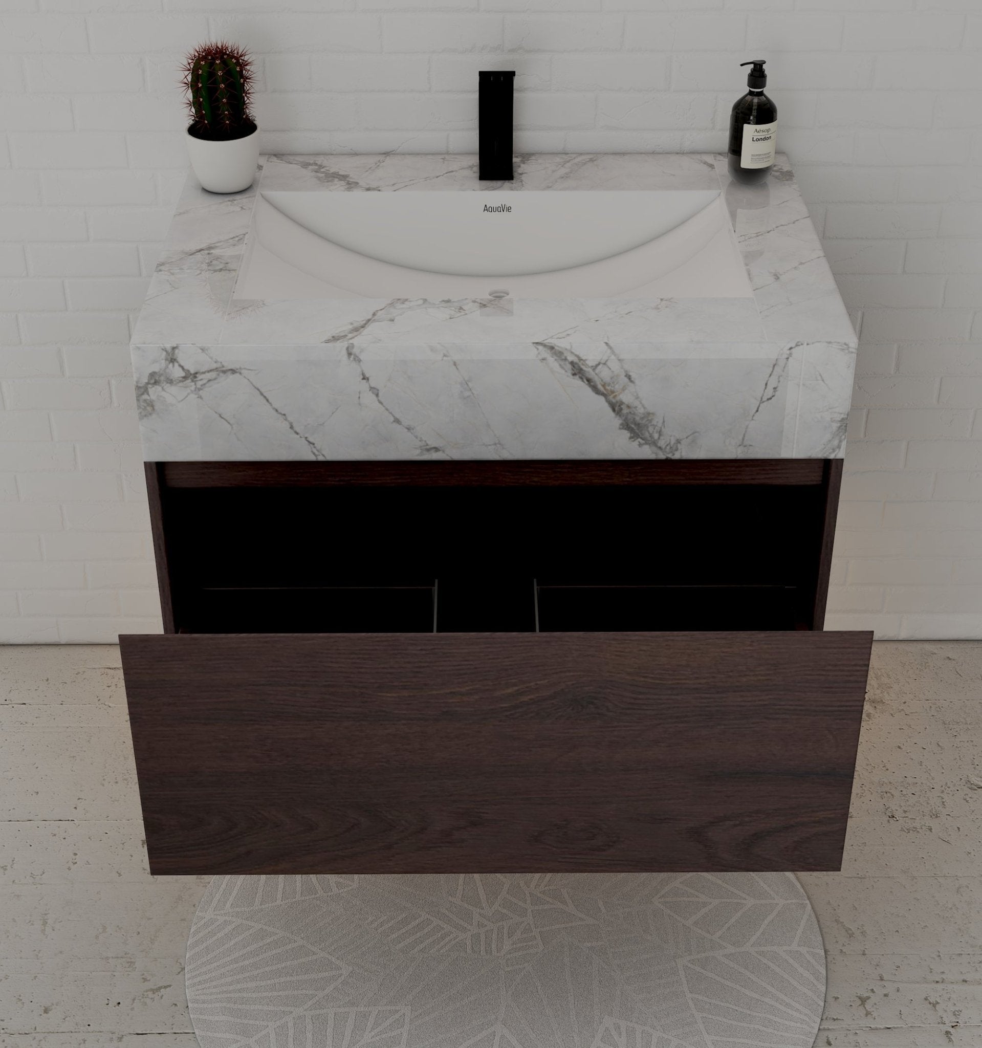 32" Walnut Single Sink Floating Bathroom Vanity with Sintered Stone Top - VanityIce Grey