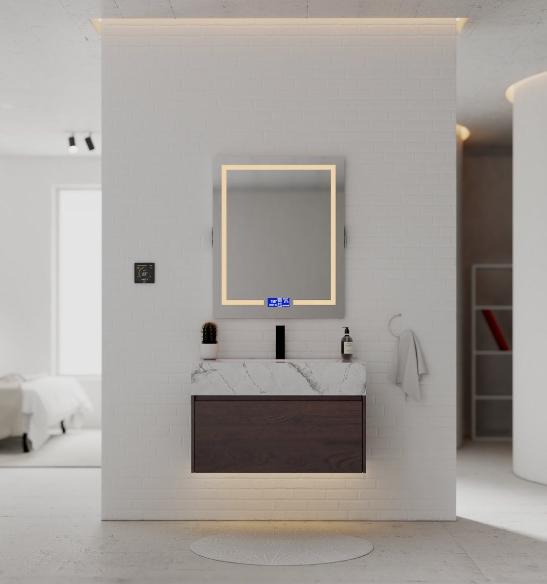 32" Walnut Single Sink Floating Bathroom Vanity with Sintered Stone Top - VanityIce Grey NeoNova Decor