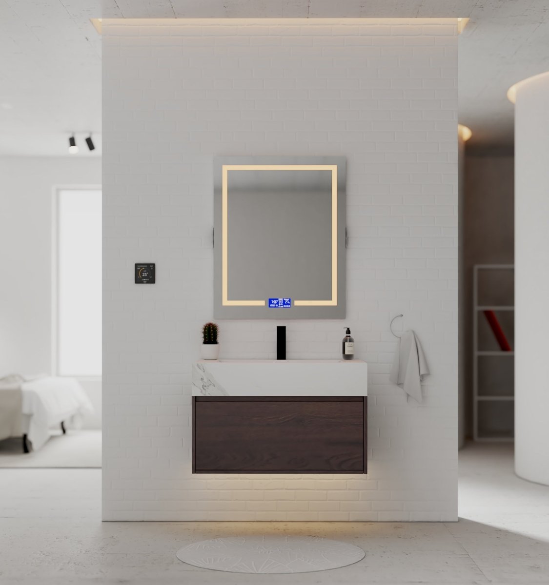 32" Walnut Single Sink Floating Bathroom Vanity with Sintered Stone Top - VanityWhite Carrara NeoNova Decor