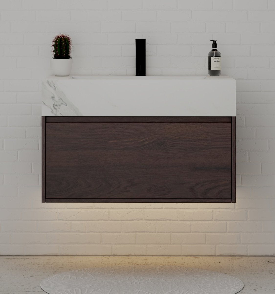 32" Walnut Single Sink Floating Bathroom Vanity with Sintered Stone Top - VanityWhite Carrara NeoNova Decor