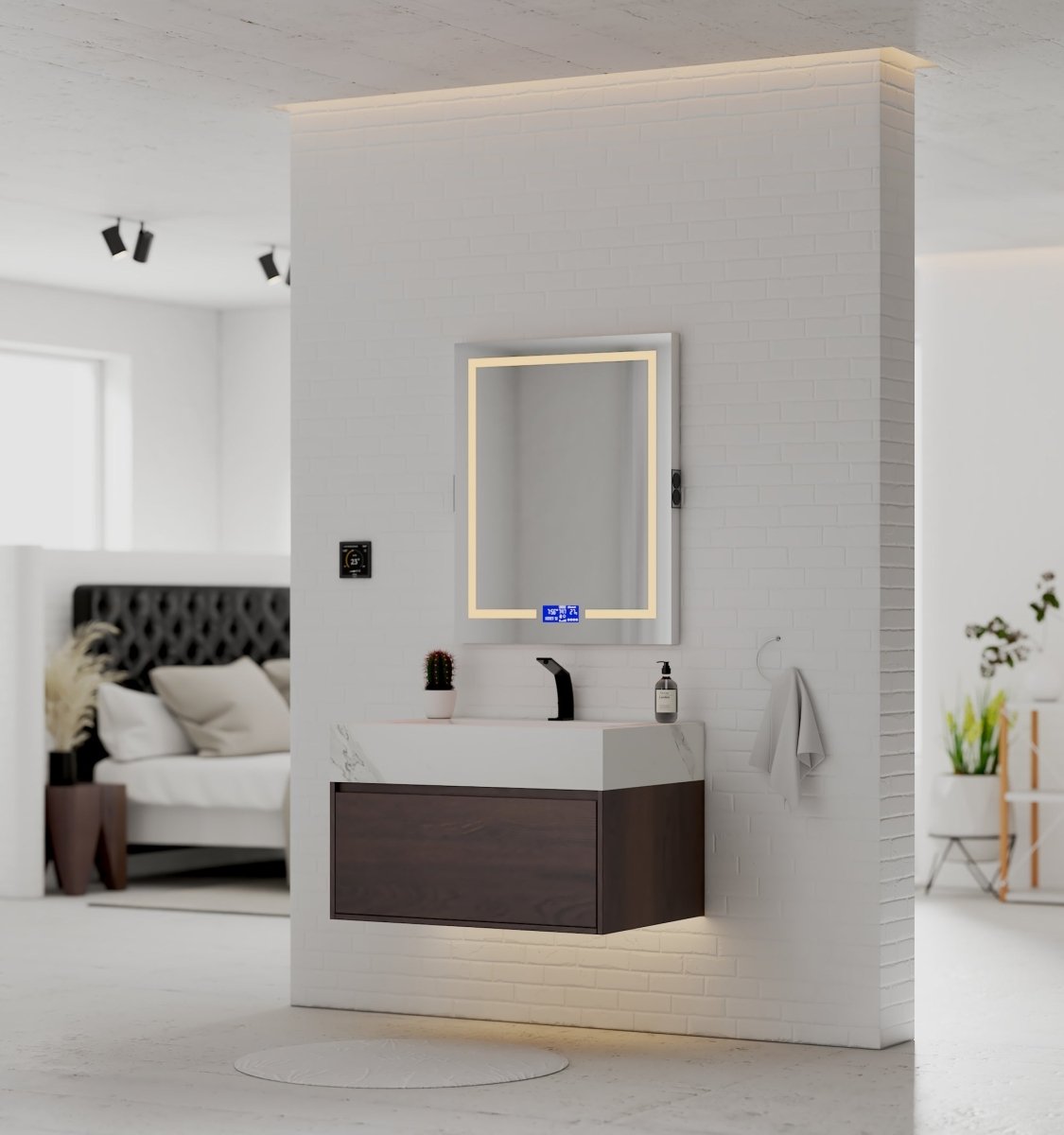 32" Walnut Single Sink Floating Bathroom Vanity with Sintered Stone Top - VanityWhite Carrara NeoNova Decor