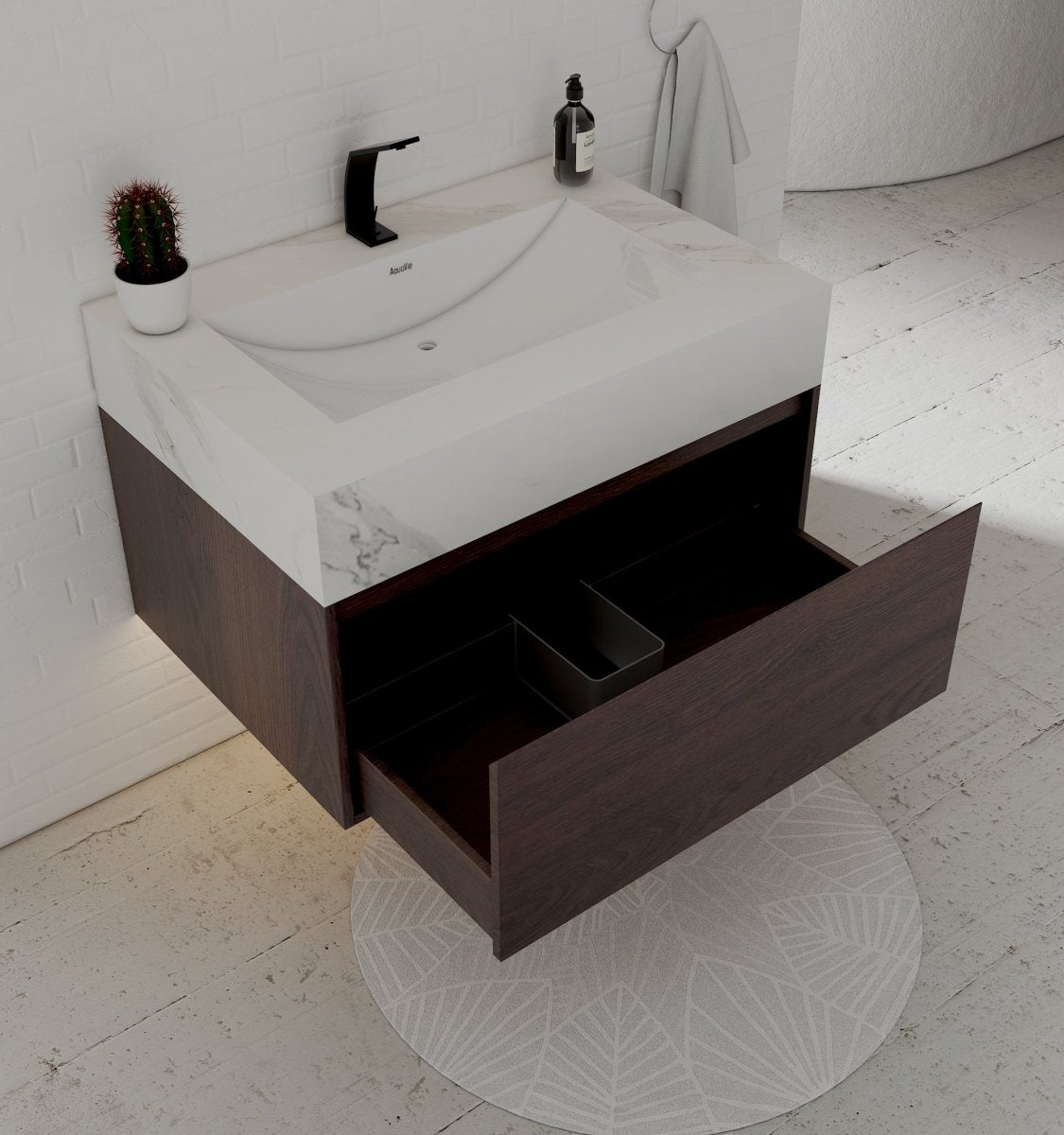 32" Walnut Single Sink Floating Bathroom Vanity with Sintered Stone Top - VanityWhite Carrara NeoNova Decor