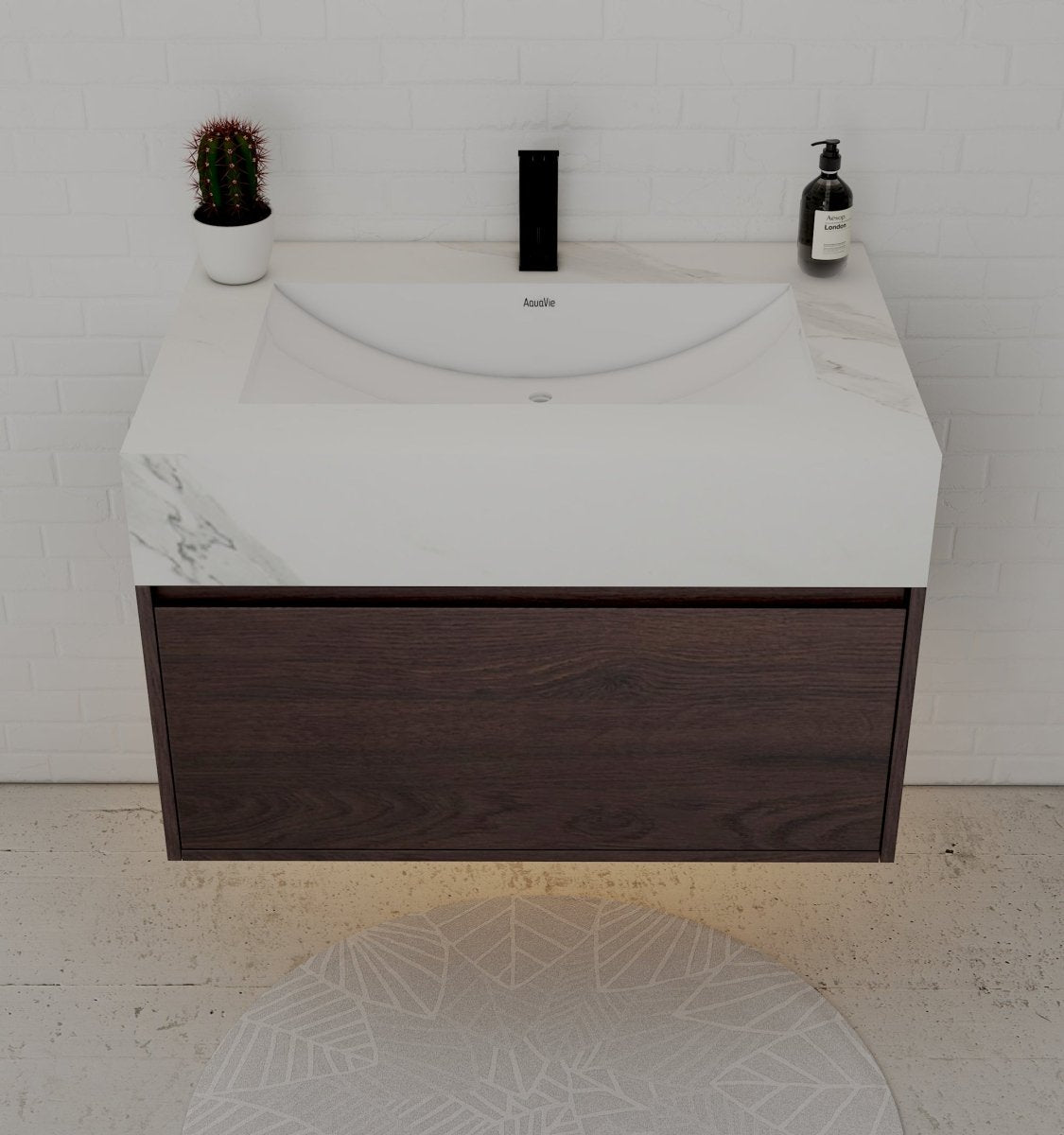 32" Walnut Single Sink Floating Bathroom Vanity with Sintered Stone Top - VanityWhite Carrara NeoNova Decor