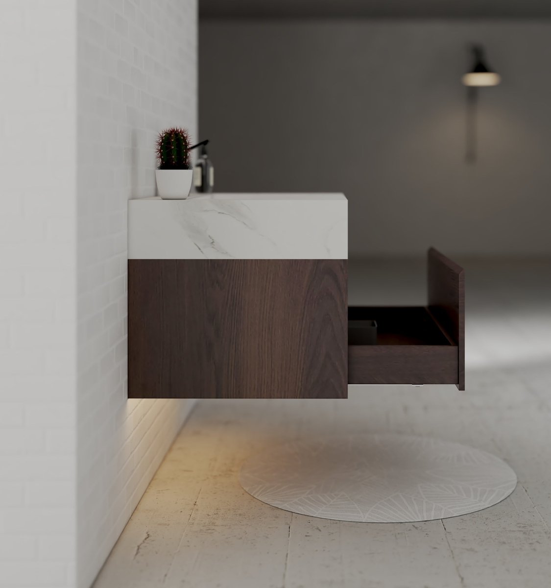 32" Walnut Single Sink Floating Bathroom Vanity with Sintered Stone Top - VanityWhite Carrara NeoNova Decor